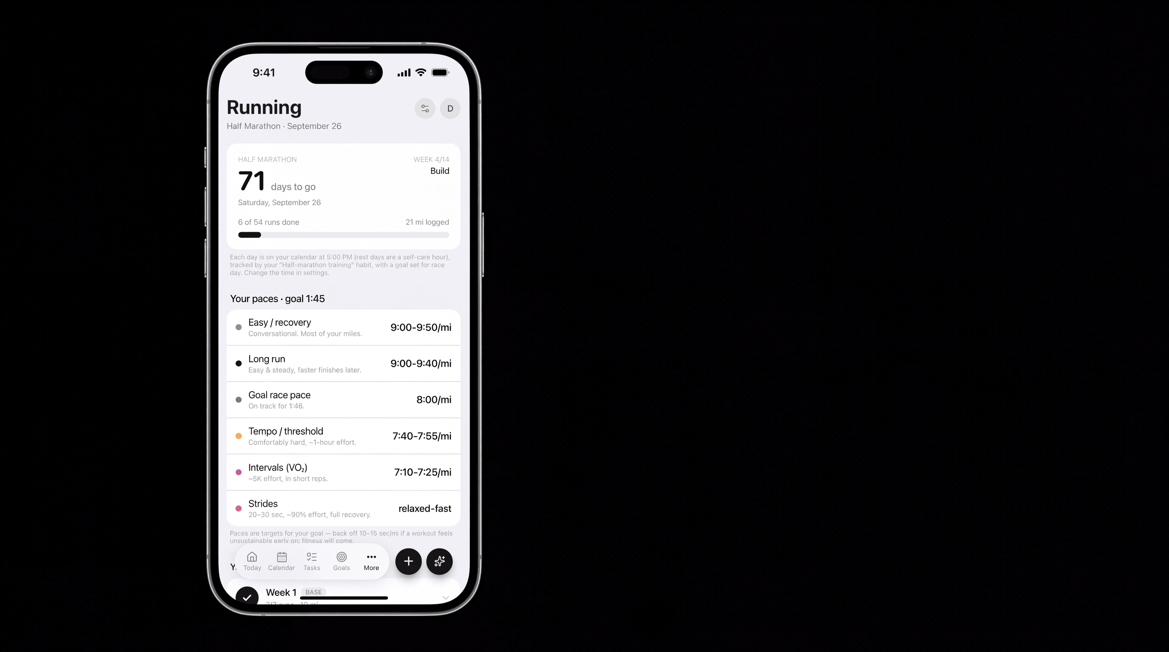 Kairos running goal plan displayed on an iPhone